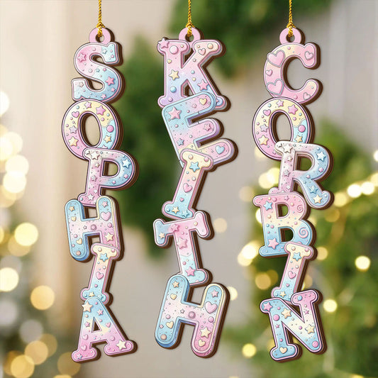 Pink Candy Christmas Alphabet Custom Family Ornament, a personalized two-layered wood holiday decoration.