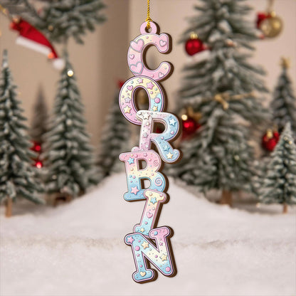 Pink Candy Christmas Alphabet Custom Family Ornament, a personalized two-layered wood holiday decoration.