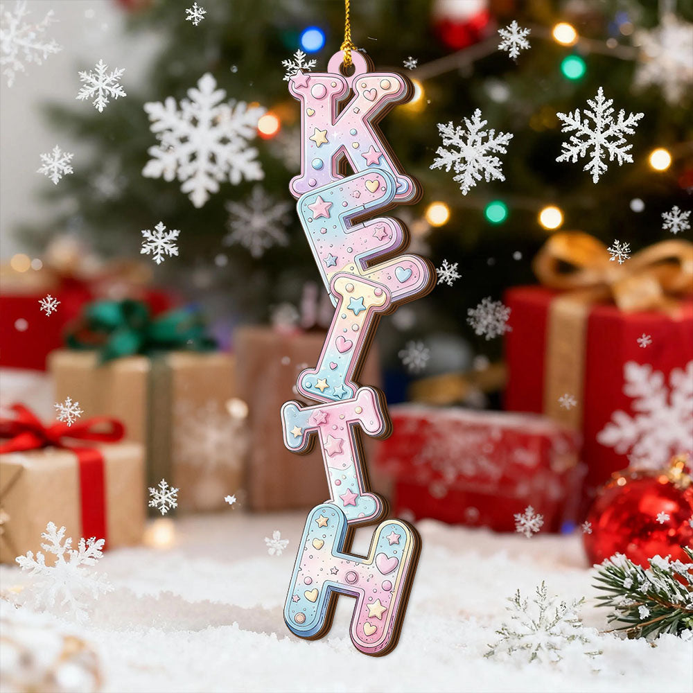 Pink Candy Christmas Alphabet Custom Family Ornament, a personalized two-layered wood holiday decoration.