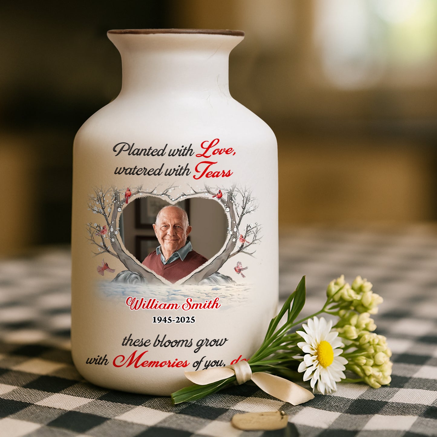 Personalized white ceramic flower vase with "Planted with Love" inscription. Elegant minimalist design.