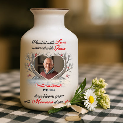 Personalized white ceramic flower vase with "Planted with Love" inscription. Elegant minimalist design.