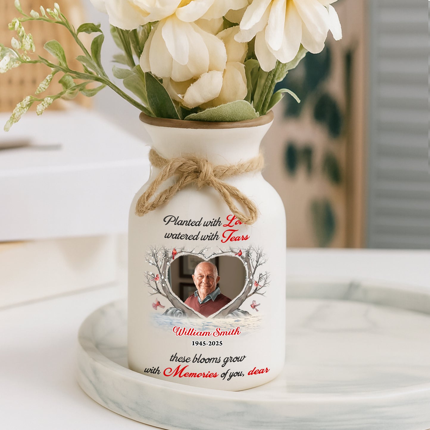 Personalized white ceramic flower vase with "Planted with Love" inscription. Elegant minimalist design.