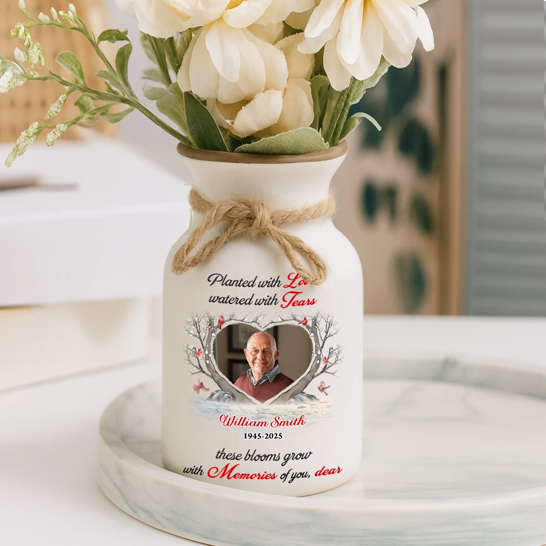 Personalized white ceramic flower vase with "Planted with Love" inscription. Elegant minimalist design.