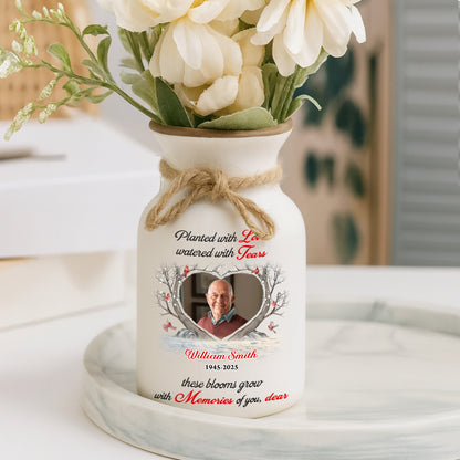 Personalized white ceramic flower vase with "Planted with Love" inscription. Elegant minimalist design.