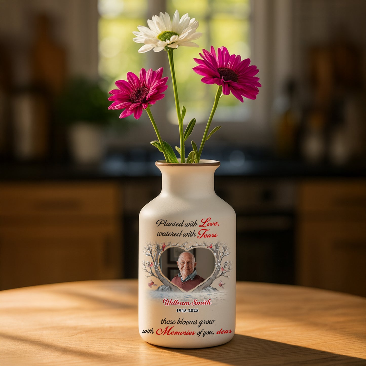 Personalized white ceramic flower vase with "Planted with Love" inscription. Elegant minimalist design.
