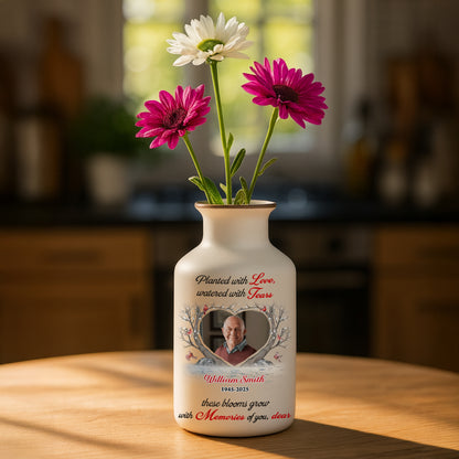 Personalized white ceramic flower vase with "Planted with Love" inscription. Elegant minimalist design.