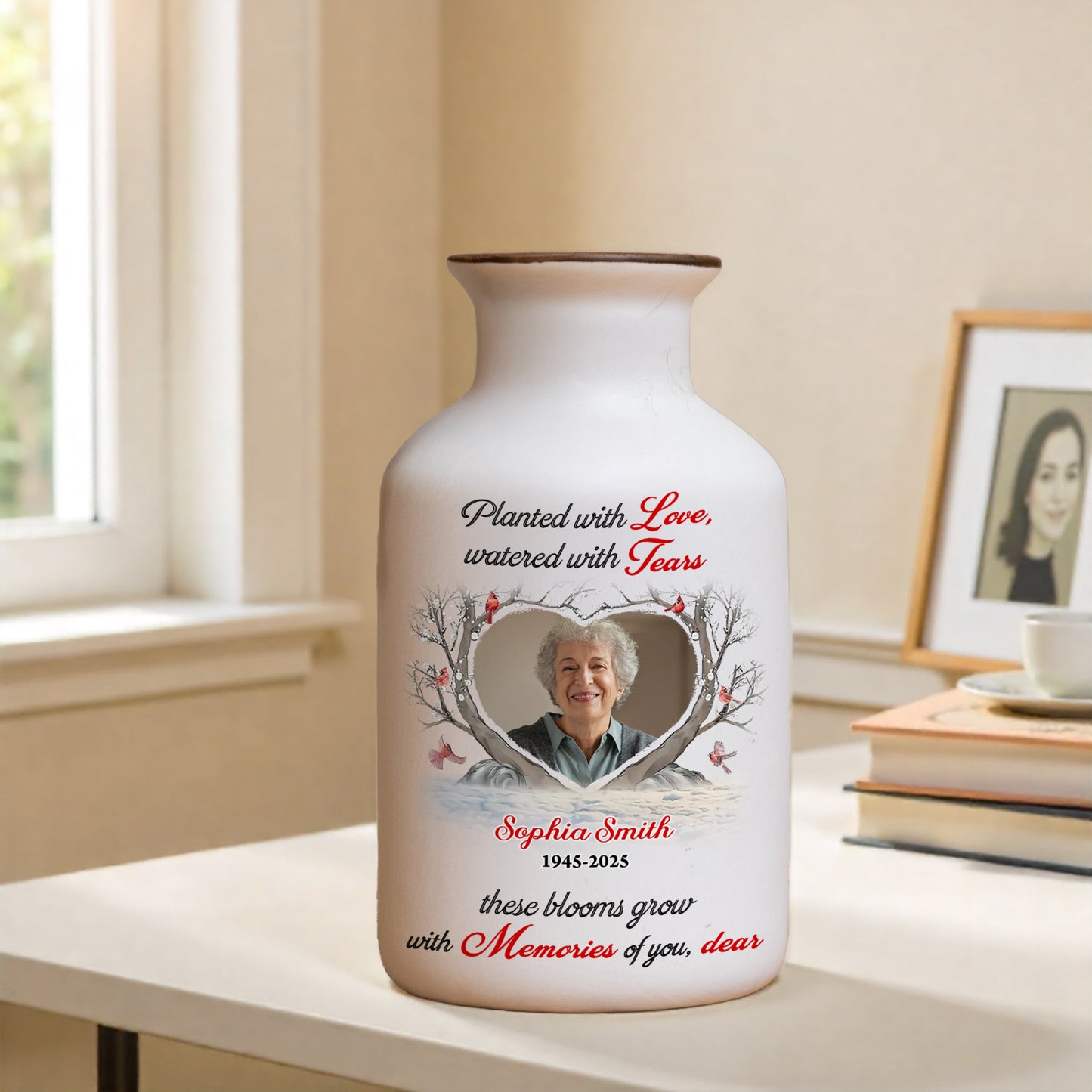 Personalized white ceramic flower vase with "Planted with Love" inscription. Elegant minimalist design.