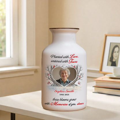 Personalized white ceramic flower vase with "Planted with Love" inscription. Elegant minimalist design.
