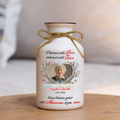 Personalized white ceramic flower vase with "Planted with Love" inscription. Elegant minimalist design.