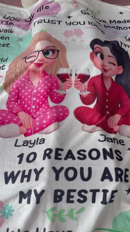 Personalized "10 Reasons Why You're My Bestie" custom blanket showing a cozy, thoughtful gift.