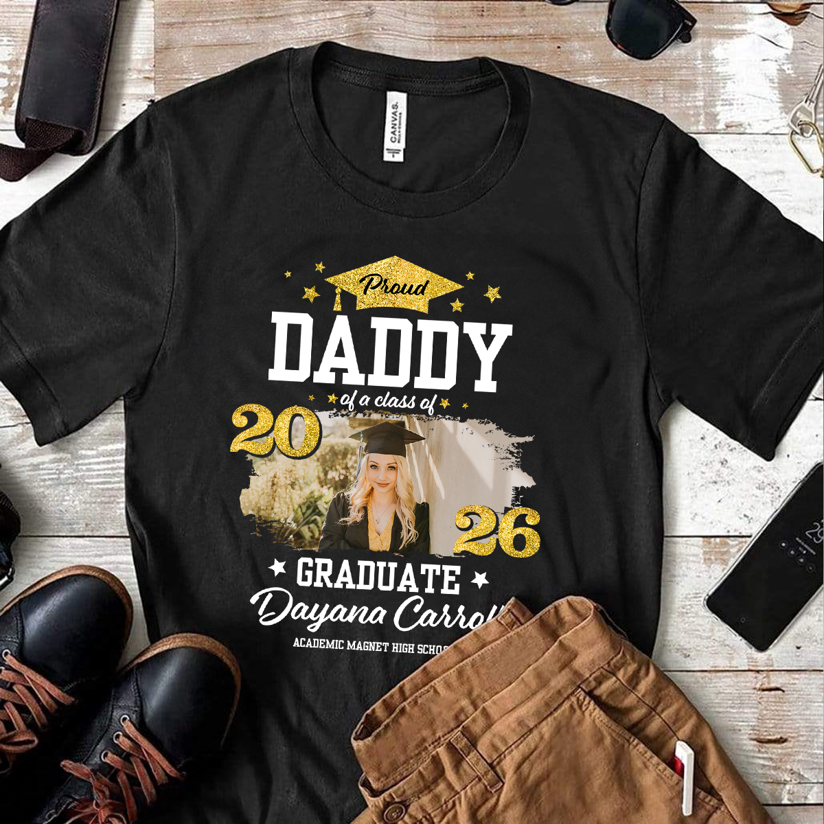 Proud Dad/Mom of a Graduate Graduation Shirt. Custom unisex t-shirt design.