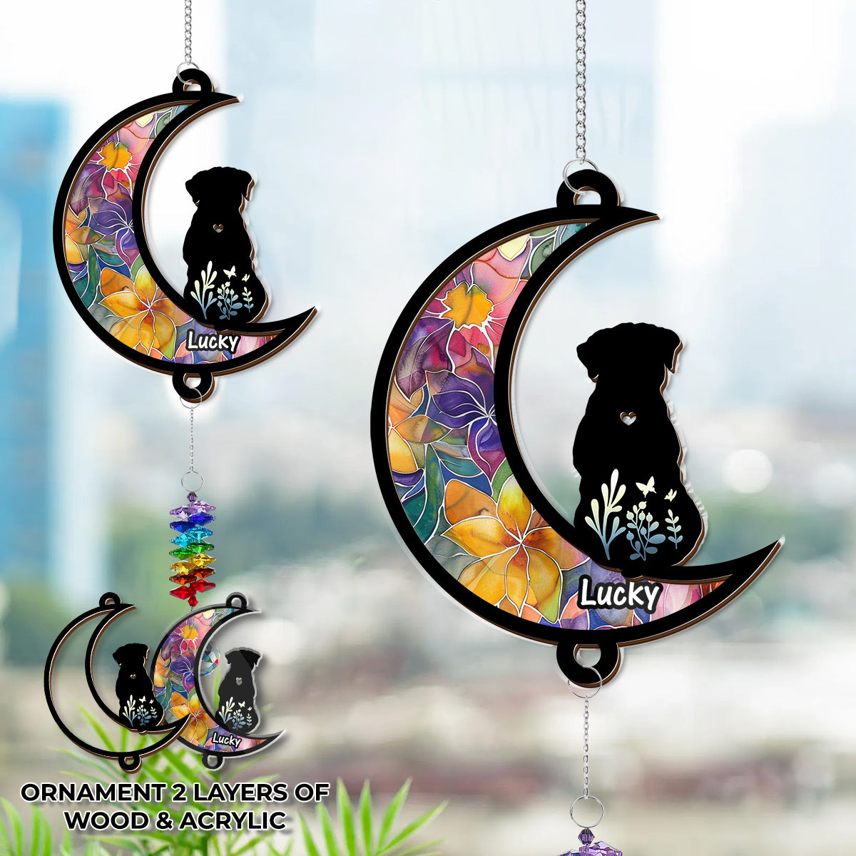 Personalized puppy loss suncatcher ornament featuring a dog looking out a window.