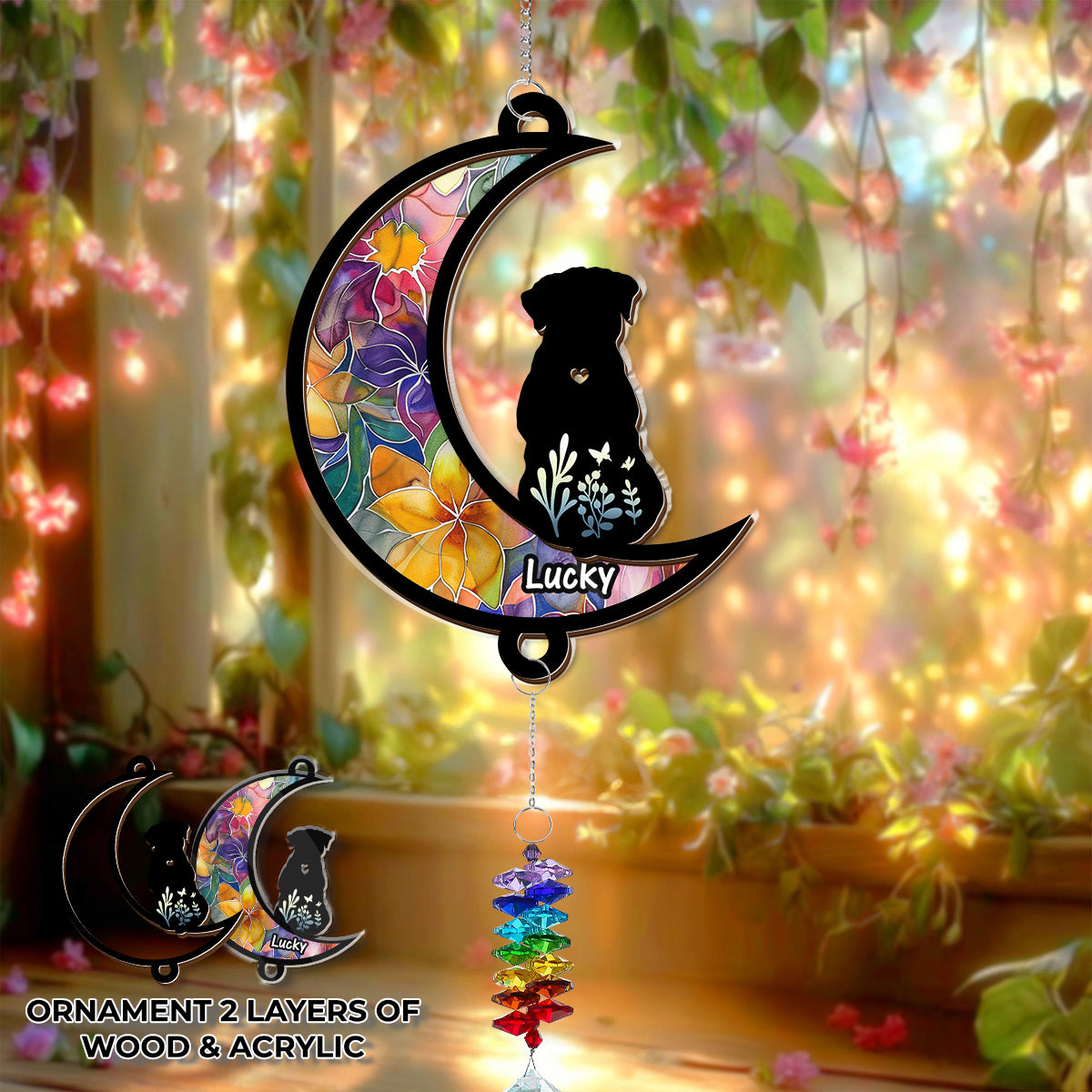 Personalized puppy loss suncatcher ornament featuring a dog looking out a window.