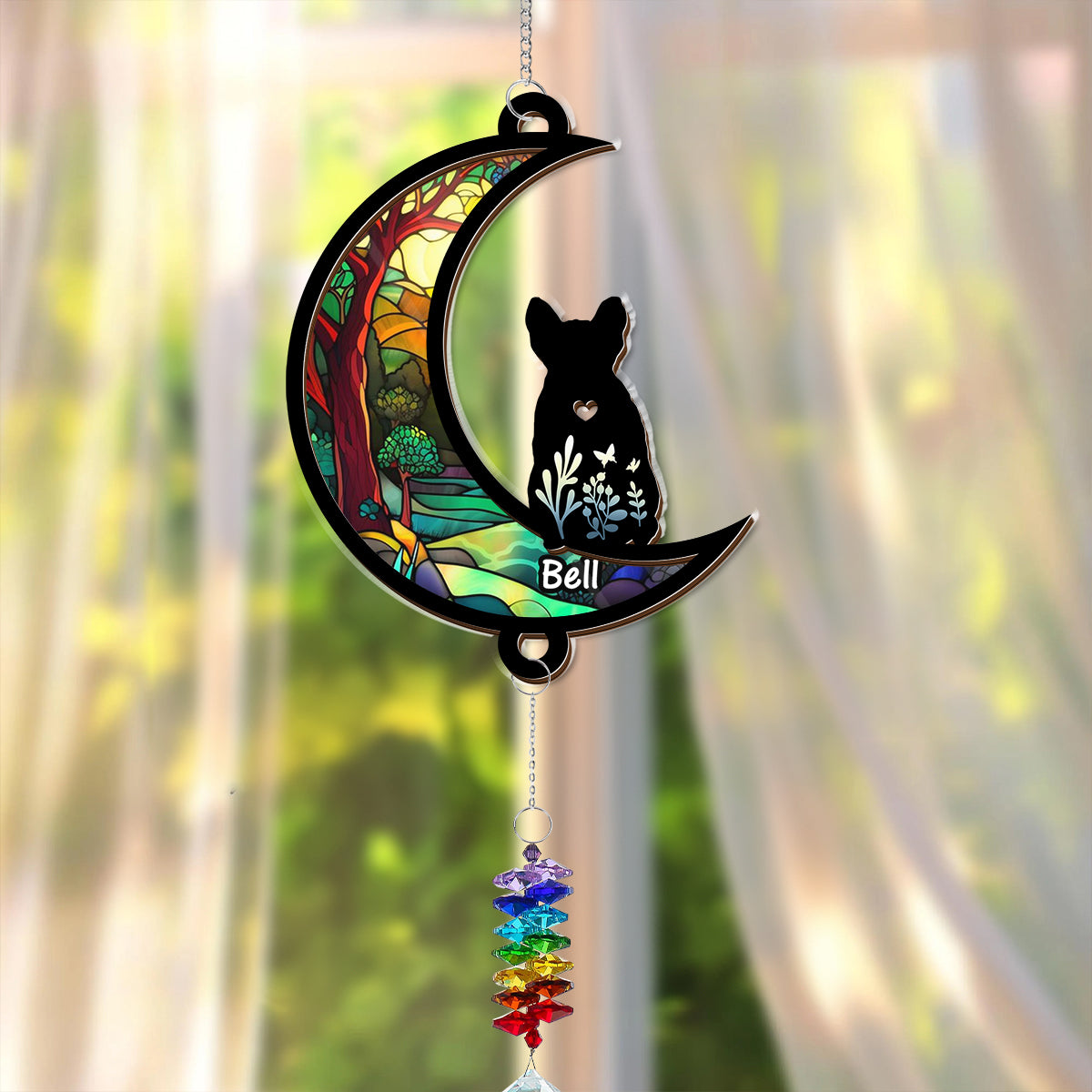 Personalized puppy loss suncatcher ornament featuring a dog looking out a window.