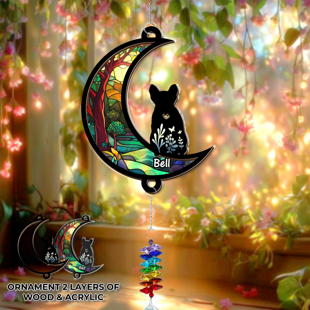 Personalized puppy loss suncatcher ornament featuring a dog looking out a window.