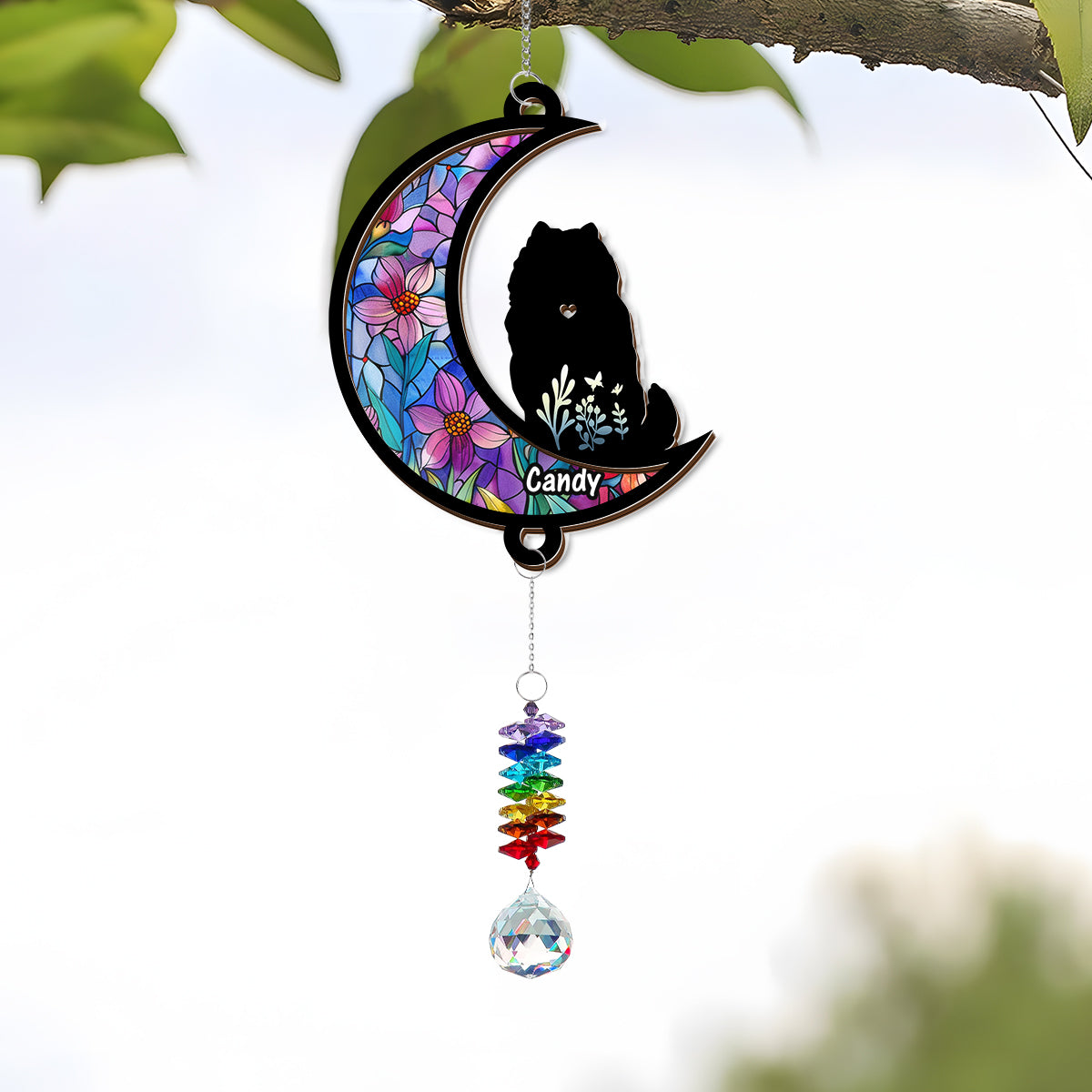 Personalized puppy loss suncatcher ornament featuring a dog looking out a window.