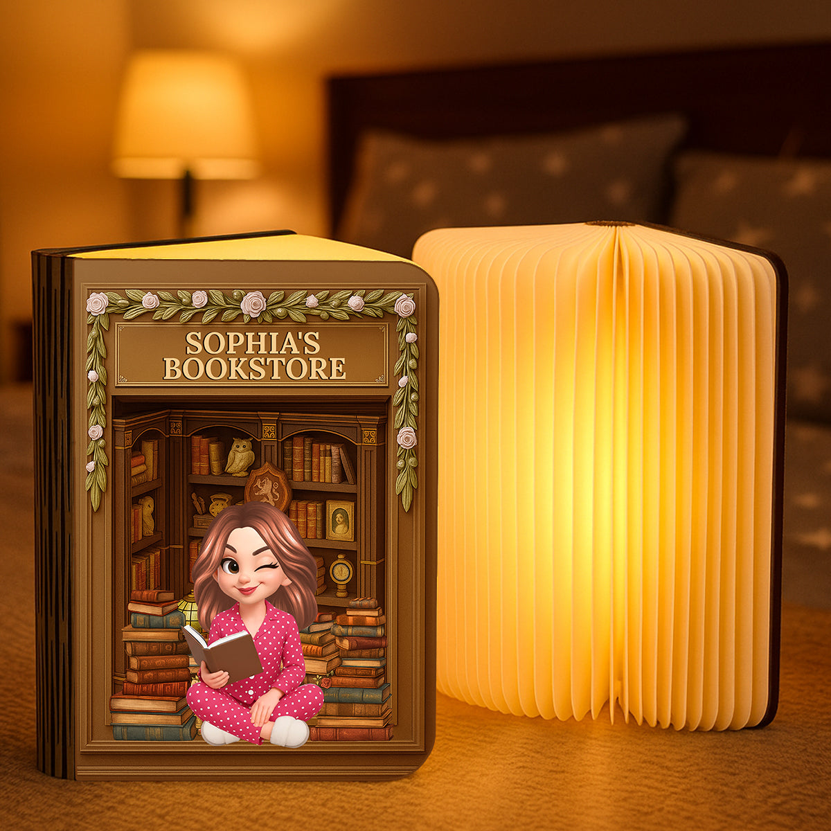 Personalized book lamp featuring a girl reading in a bookstore, perfect for book lovers.
