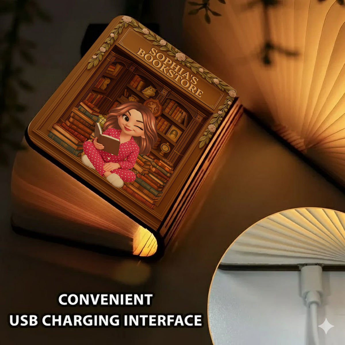 Personalized book lamp featuring a girl reading in a bookstore, perfect for book lovers.