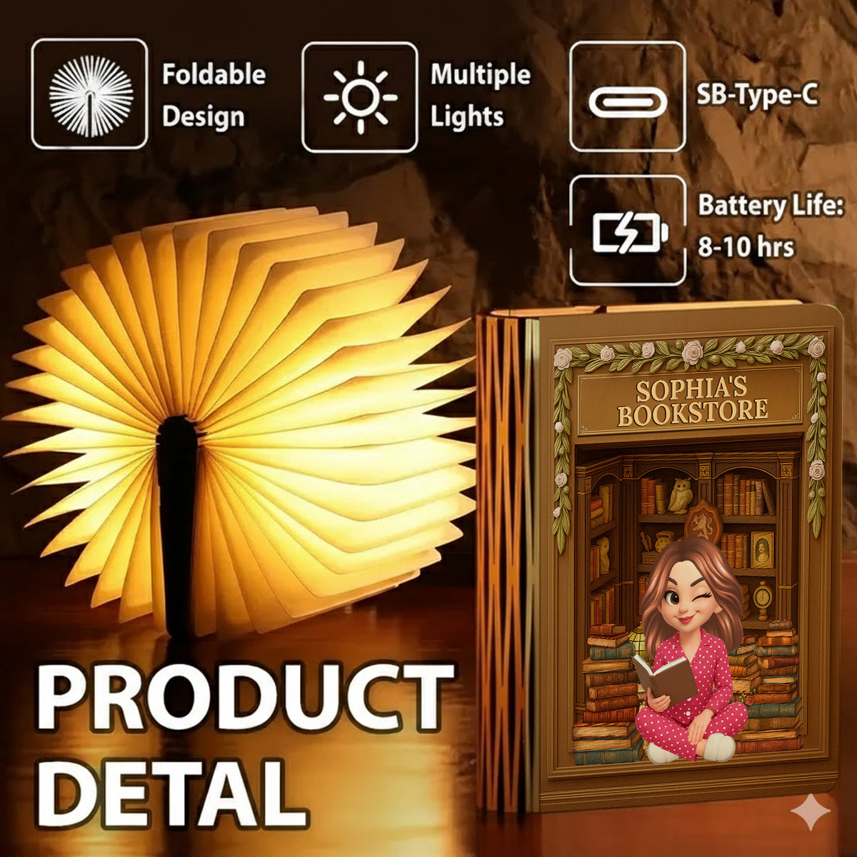 Personalized book lamp featuring a girl reading in a bookstore, perfect for book lovers.