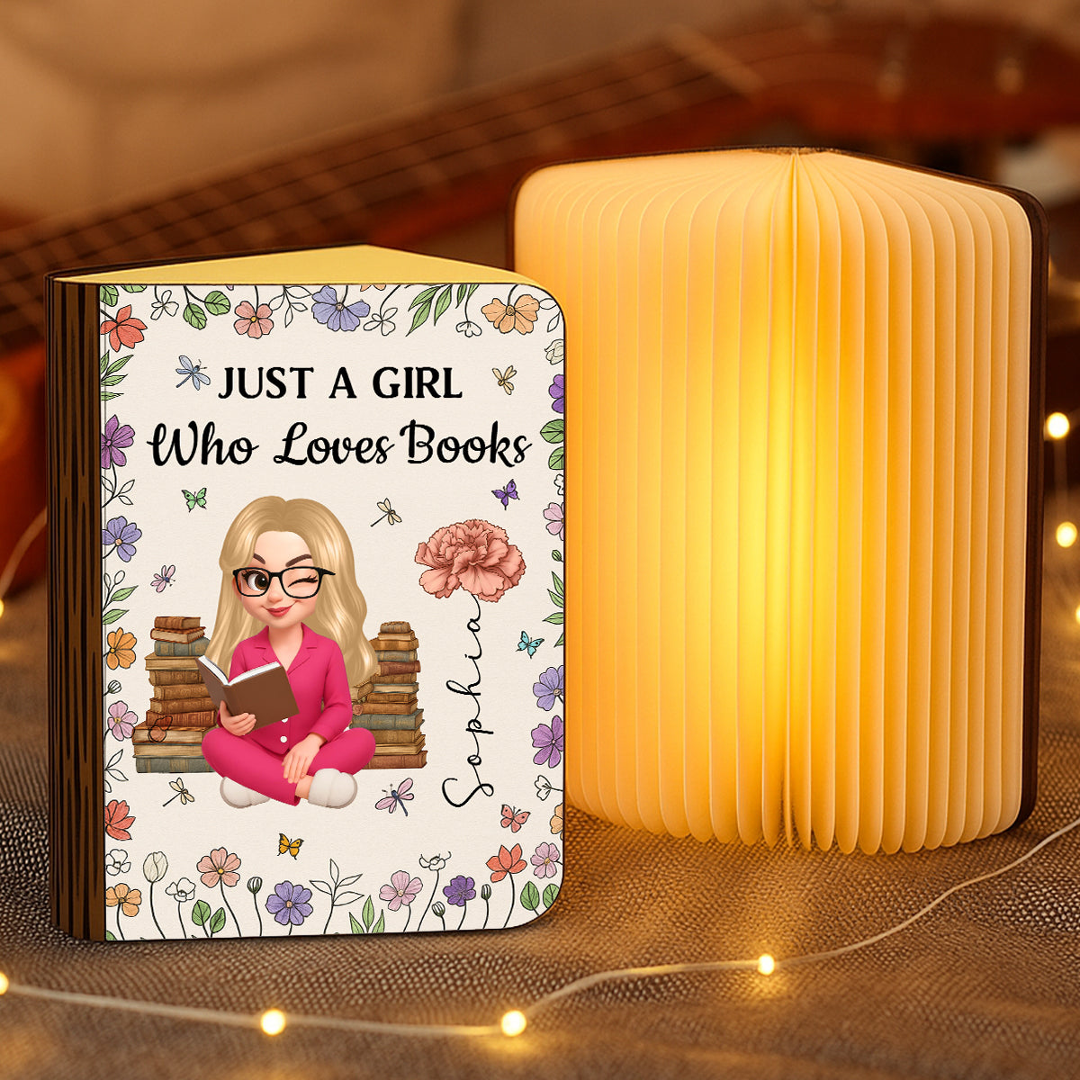 Personalized book lamp featuring a reading girl with birth month flowers, perfect for book lovers.