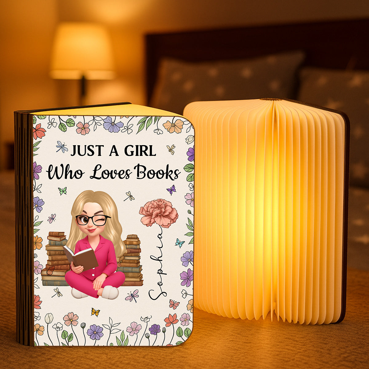 Personalized book lamp featuring a reading girl with birth month flowers, perfect for book lovers.