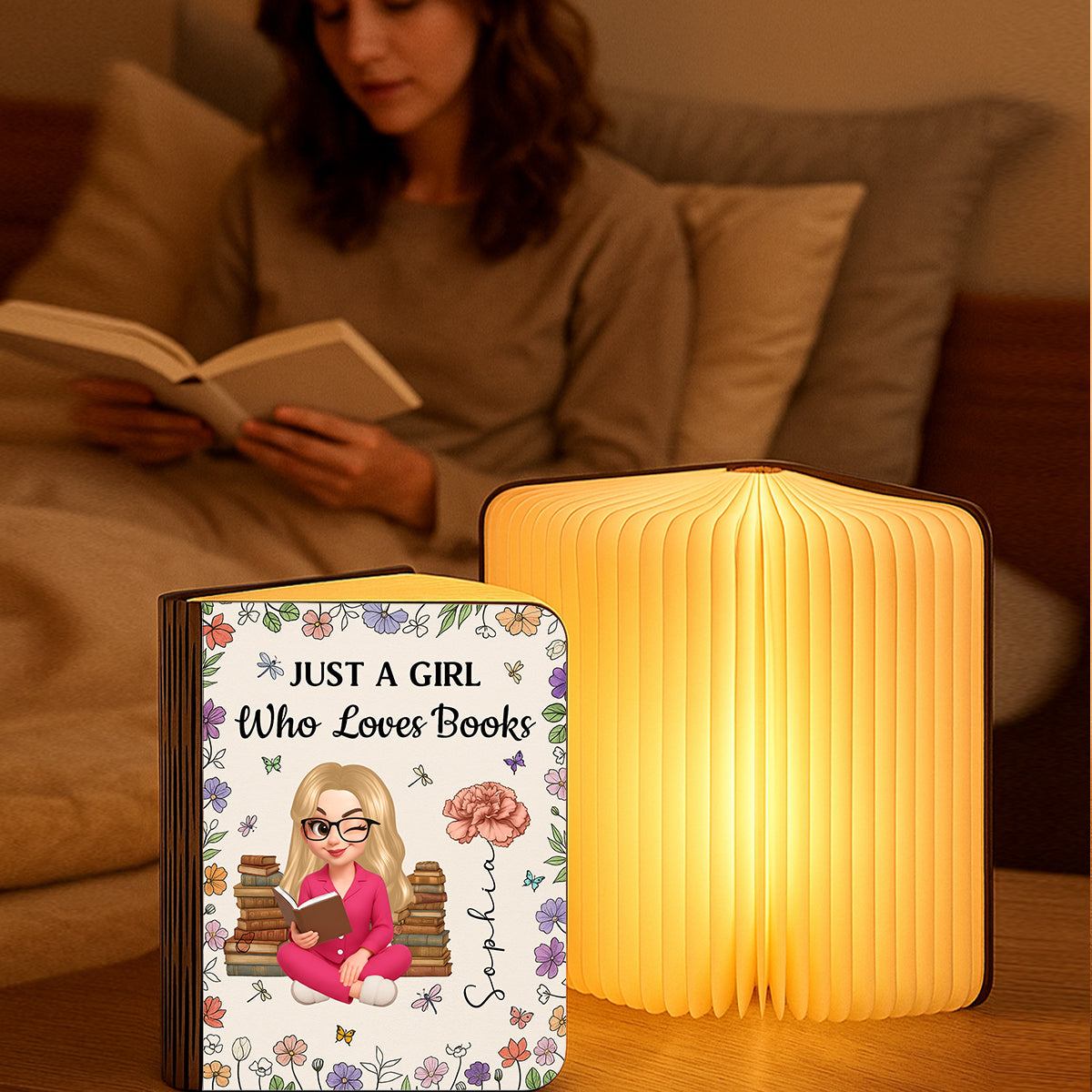 Personalized book lamp featuring a reading girl with birth month flowers, perfect for book lovers.