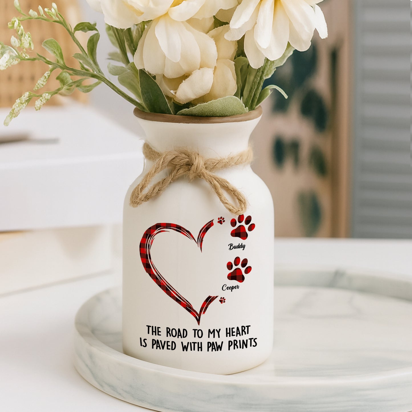 Personalized white ceramic flower vase with "Road to Heart" pattern, elegant minimalist design.