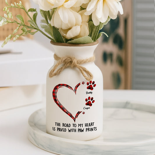 Personalized white ceramic flower vase with "Road to Heart" pattern, elegant minimalist design.