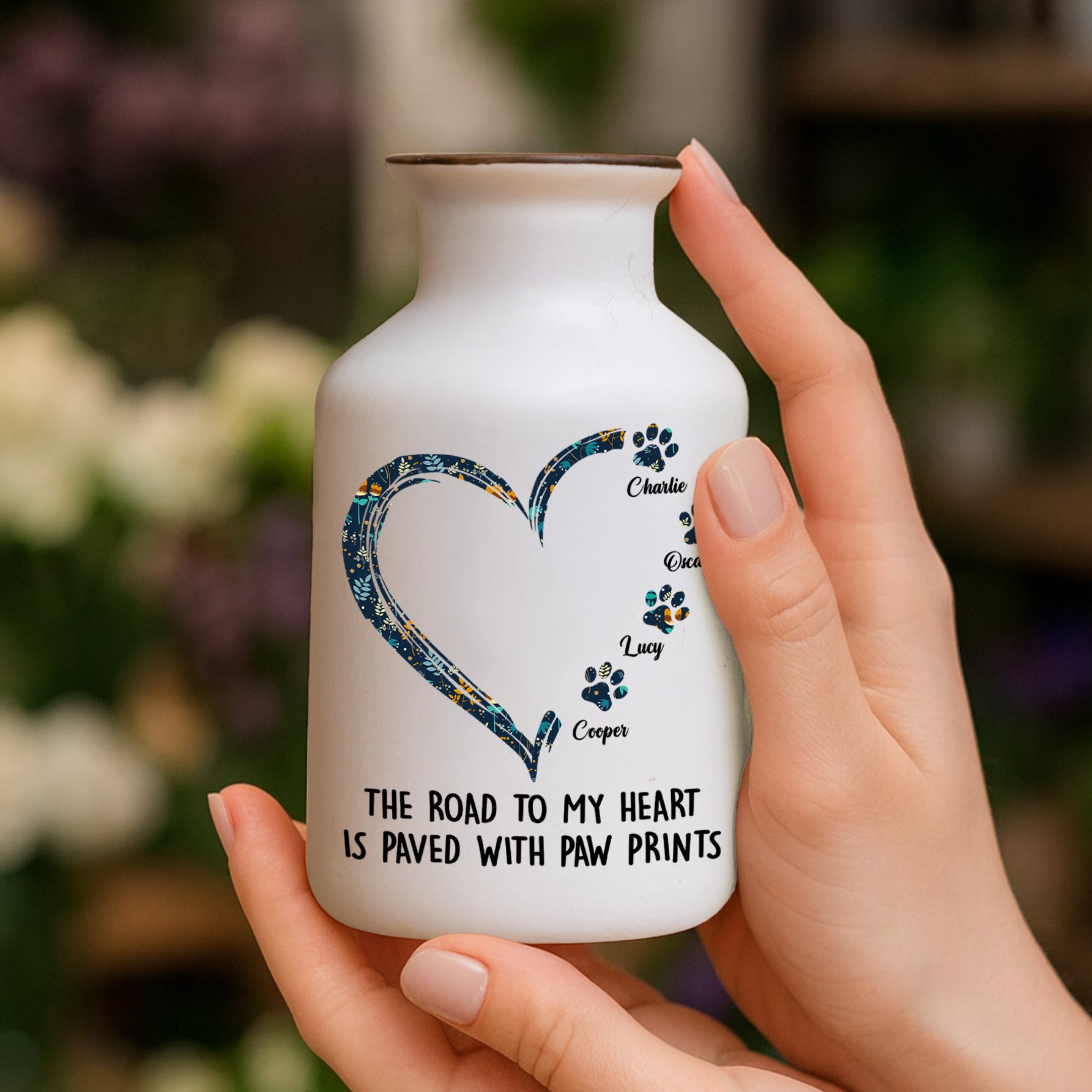 Personalized white ceramic flower vase with "Road to Heart" pattern, elegant minimalist design.