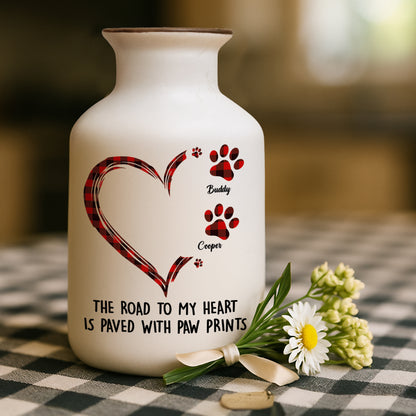 Personalized white ceramic flower vase with "Road to Heart" pattern, elegant minimalist design.