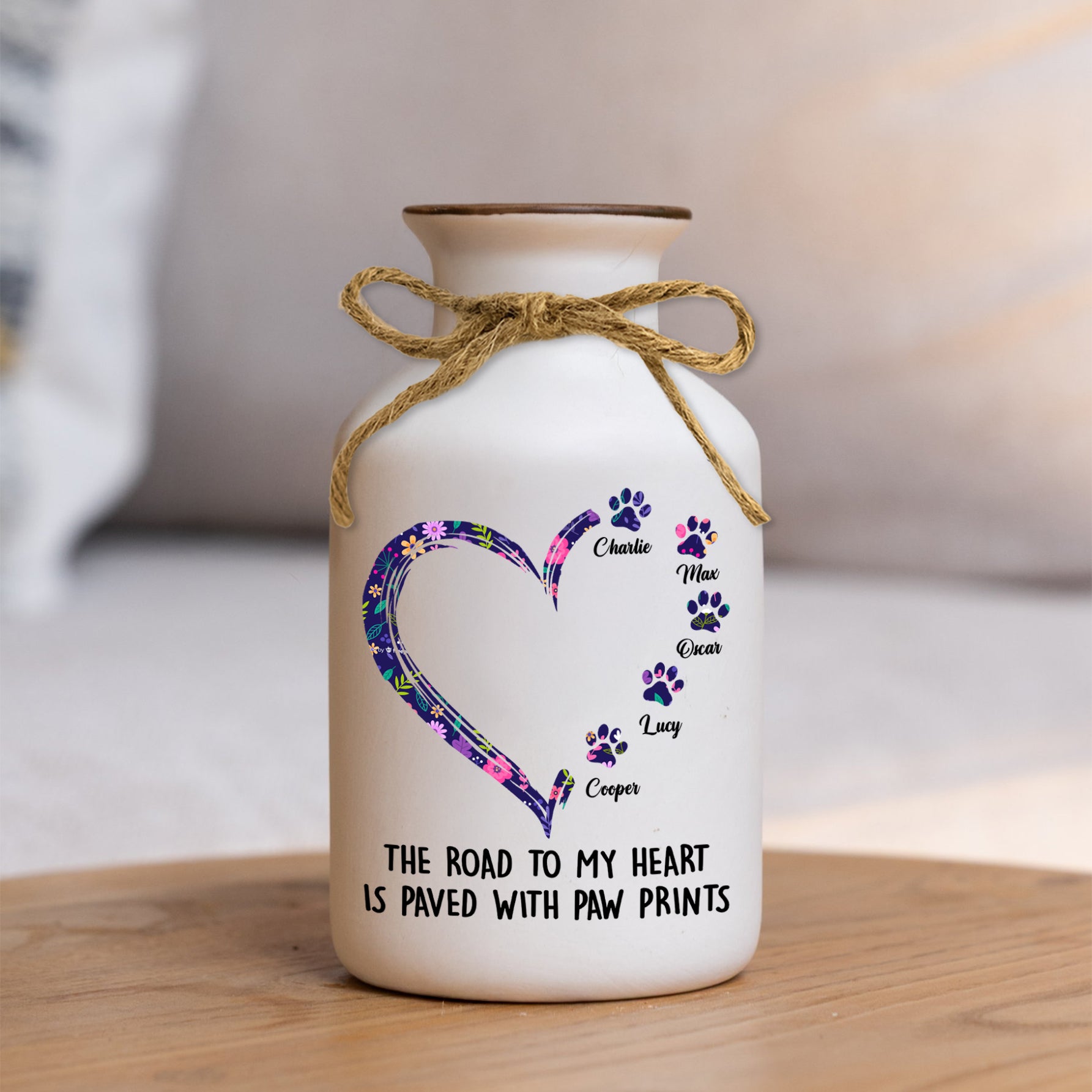 Personalized white ceramic flower vase with "Road to Heart" pattern, elegant minimalist design.