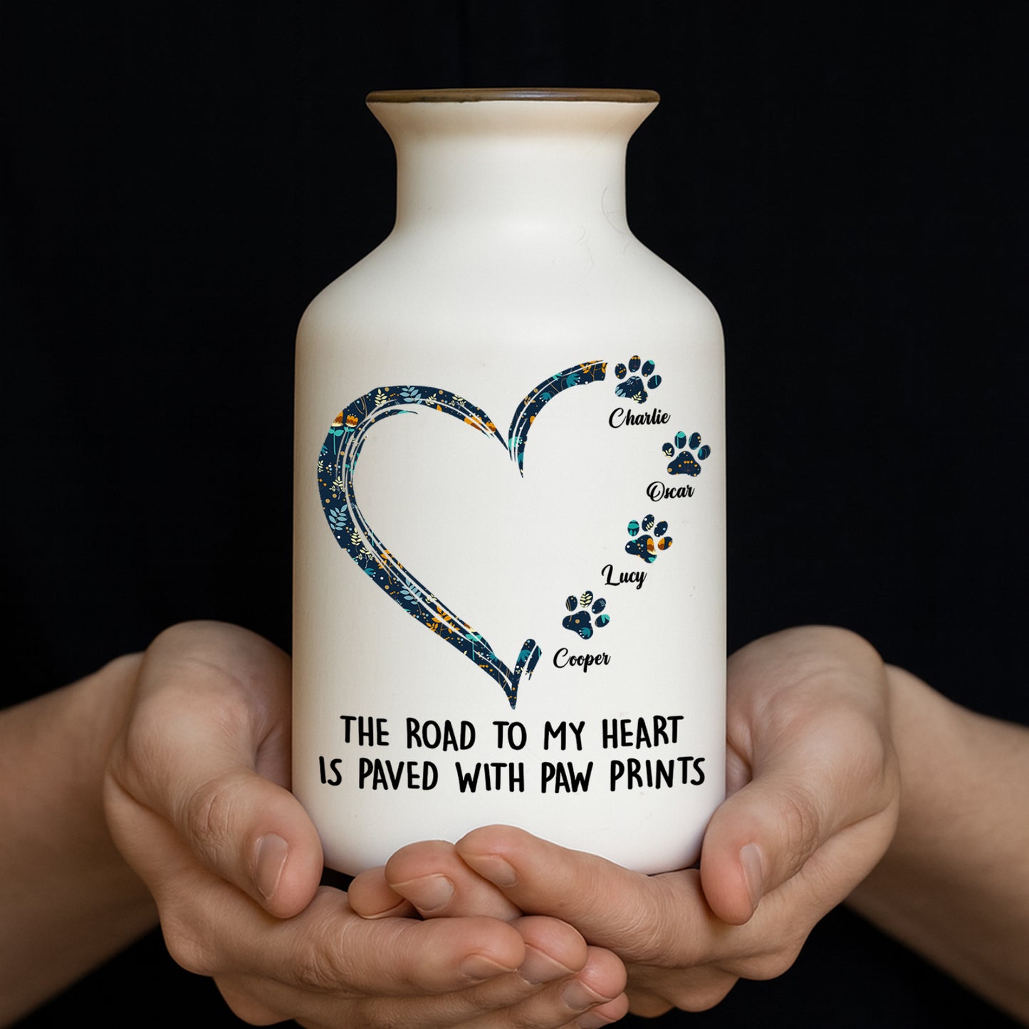 Personalized white ceramic flower vase with "Road to Heart" pattern, elegant minimalist design.