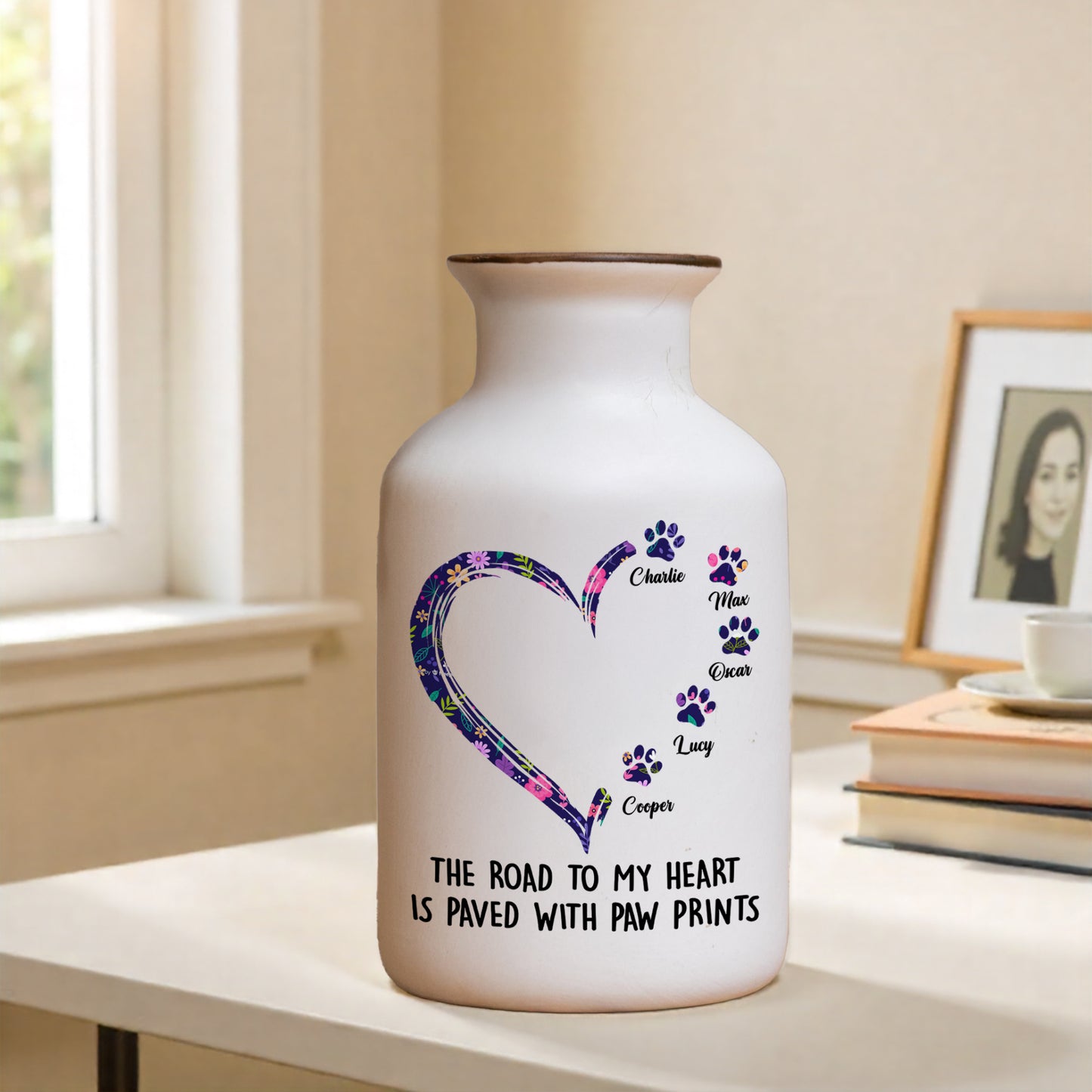 Personalized white ceramic flower vase with "Road to Heart" pattern, elegant minimalist design.