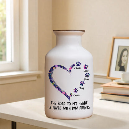 Personalized white ceramic flower vase with "Road to Heart" pattern, elegant minimalist design.