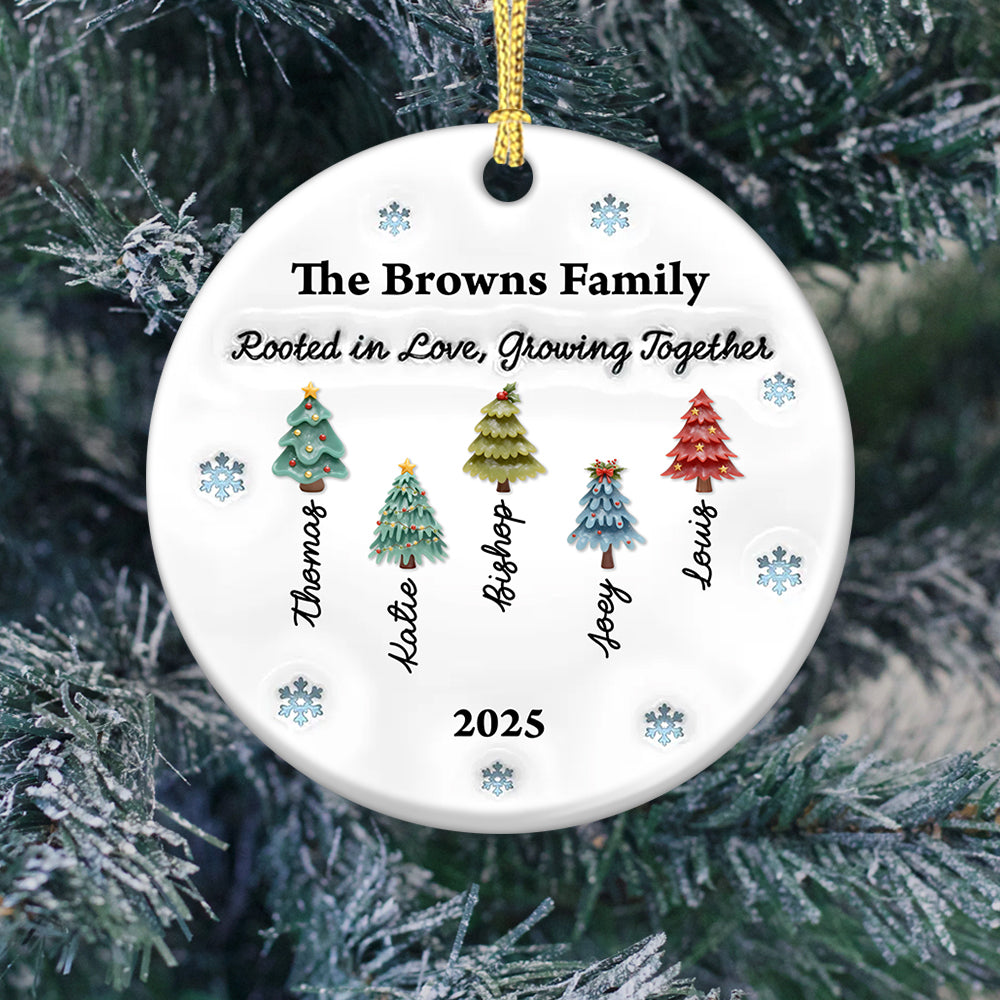 Rooted in Love Personalized Christmas Tree Ornament: A custom ceramic ornament with a 3D effect.