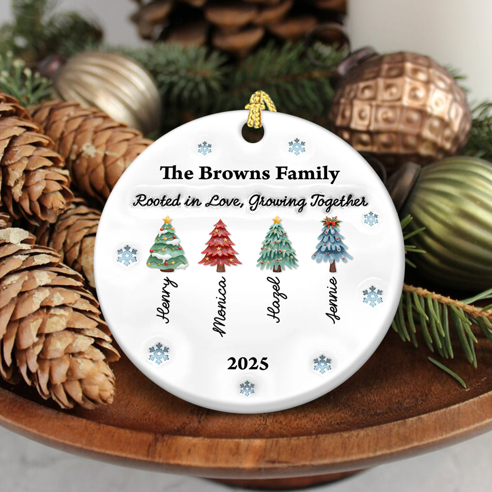 Rooted in Love Personalized Christmas Tree Ornament: A custom ceramic ornament with a 3D effect.