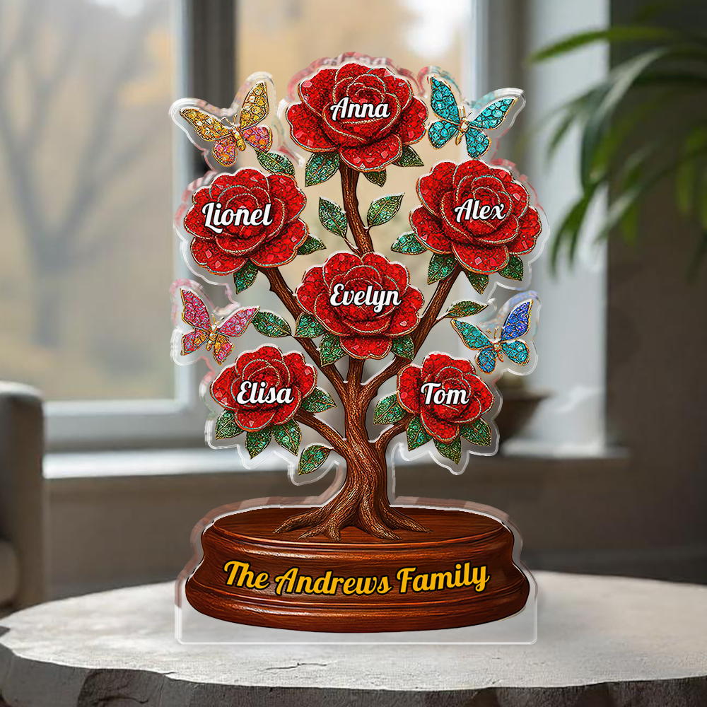 Custom acrylic family figure with roses, personalized plaque.