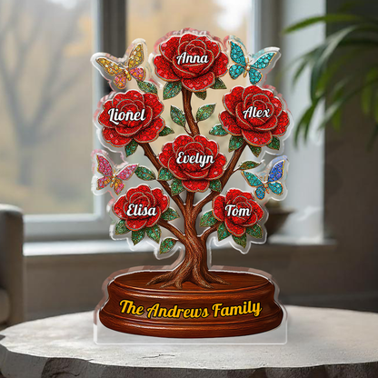 Custom acrylic family figure with roses, personalized plaque.