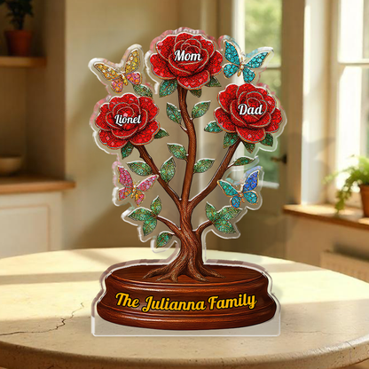 Custom acrylic family figure with roses, personalized plaque.