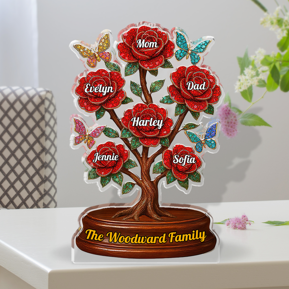 Custom acrylic family figure with roses, personalized plaque.
