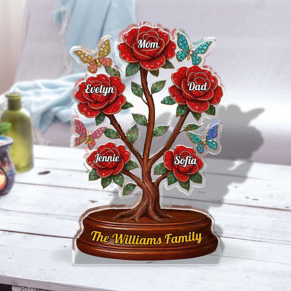 Custom acrylic family figure with roses, personalized plaque.
