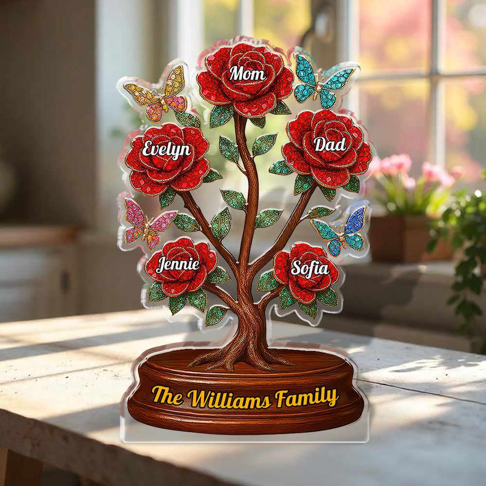 Custom acrylic family figure with roses, personalized plaque.