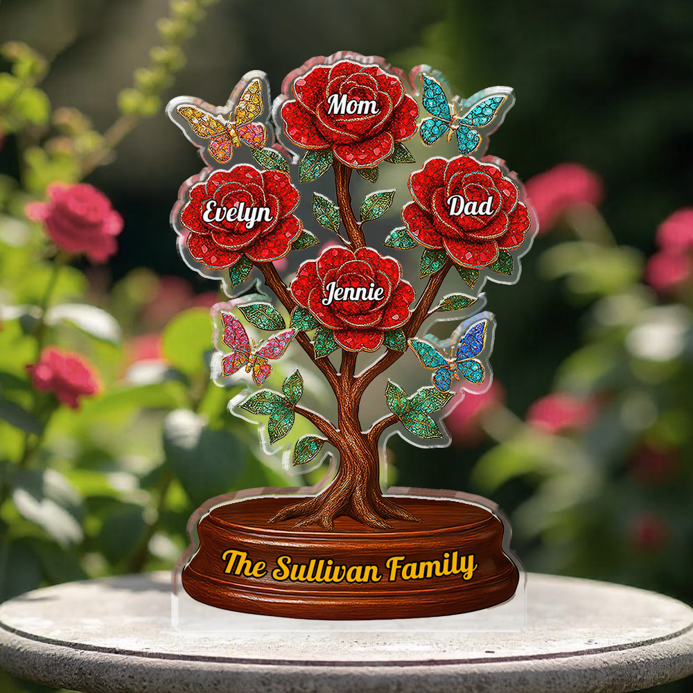 Custom acrylic family figure with roses, personalized plaque.
