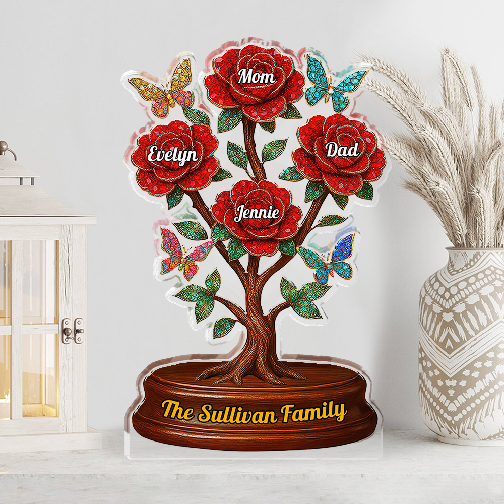 Custom acrylic family figure with roses, personalized plaque.