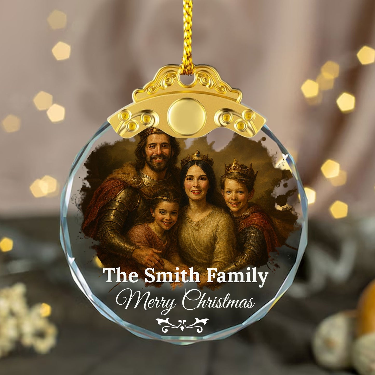 Personalized Royal Family Christmas Ornament with gold and silver cap.