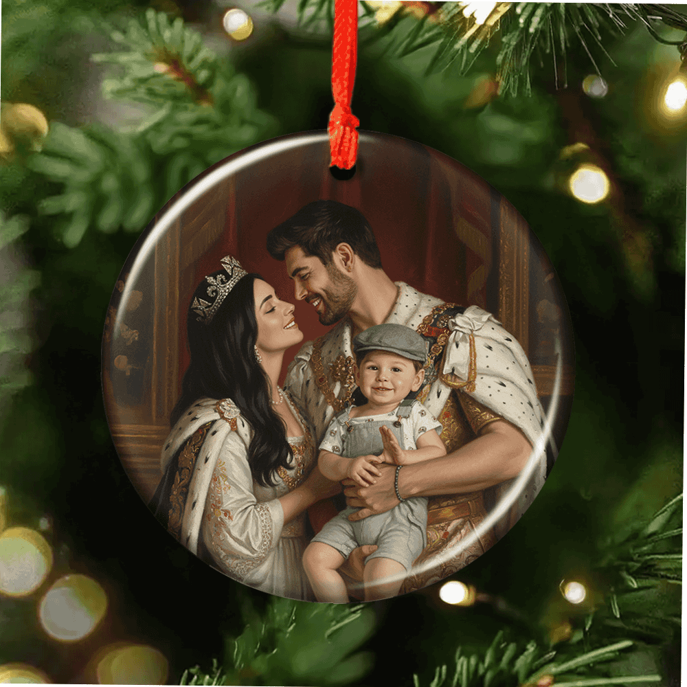 Custom Royal Family Photo Lenticular Ornament showcasing a family portrait that changes perspective.