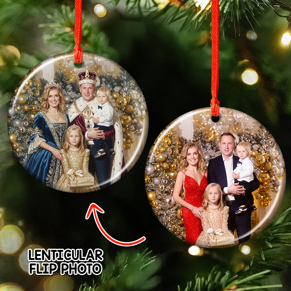Custom Royal Family Photo Lenticular Ornament showcasing a family portrait that changes perspective.