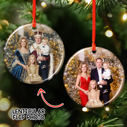 Custom Royal Family Photo Lenticular Ornament showcasing a family portrait that changes perspective.