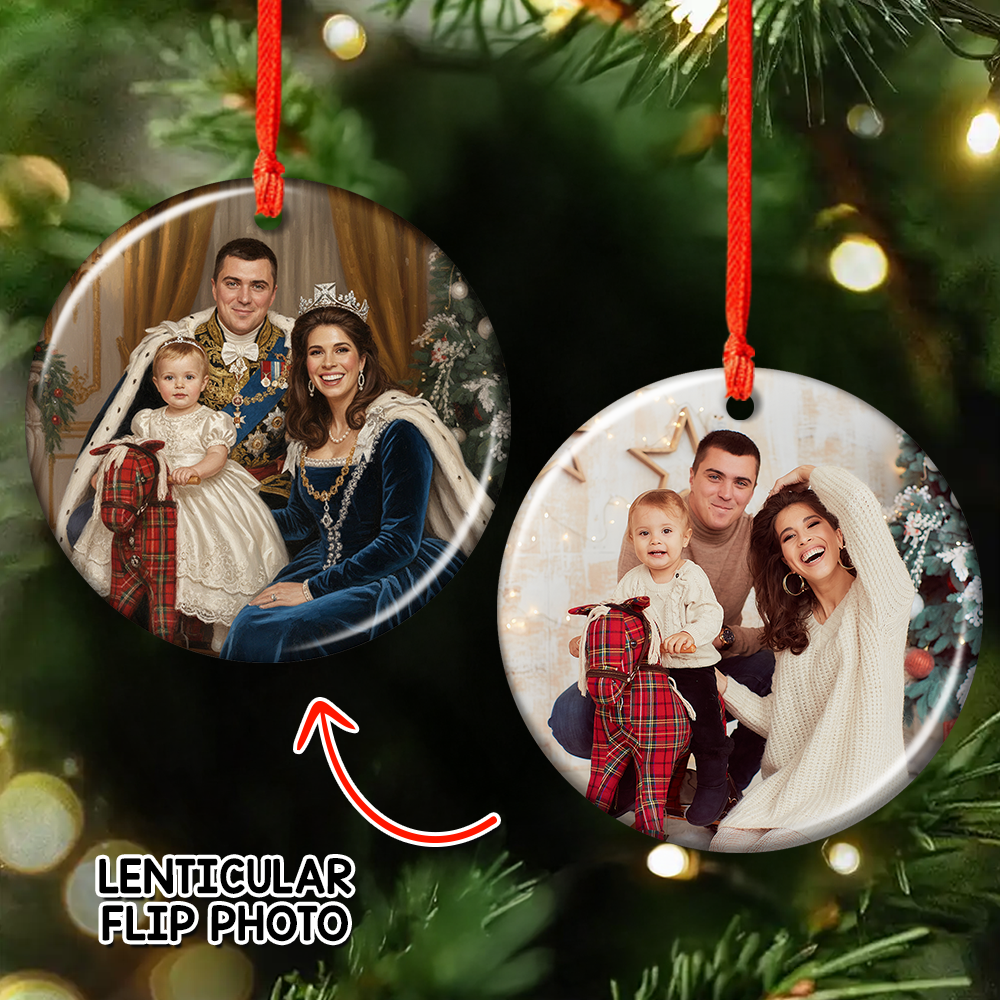 Custom Royal Family Photo Lenticular Ornament showcasing a family portrait that changes perspective.