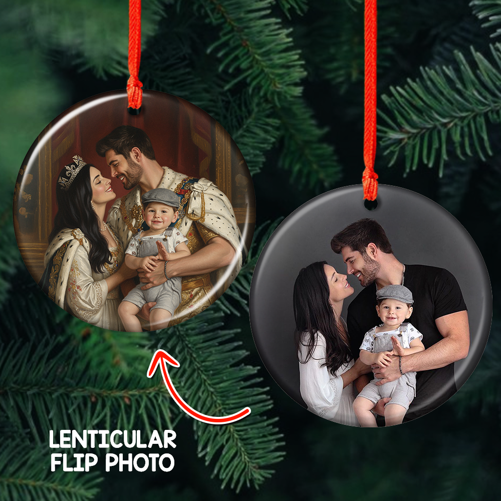 Custom Royal Family Photo Lenticular Ornament showcasing a family portrait that changes perspective.